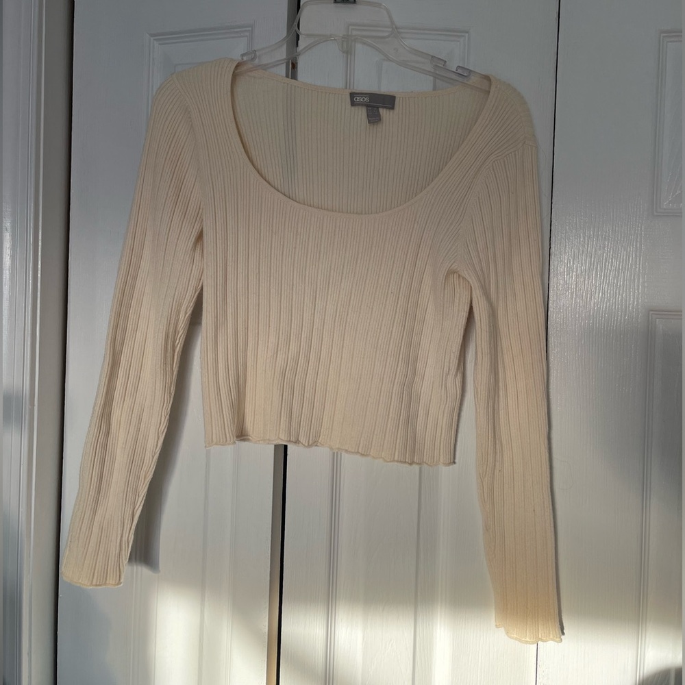 American Eagle Outfitters Cropped Ribbed Scoop Neck Sweater - Cream